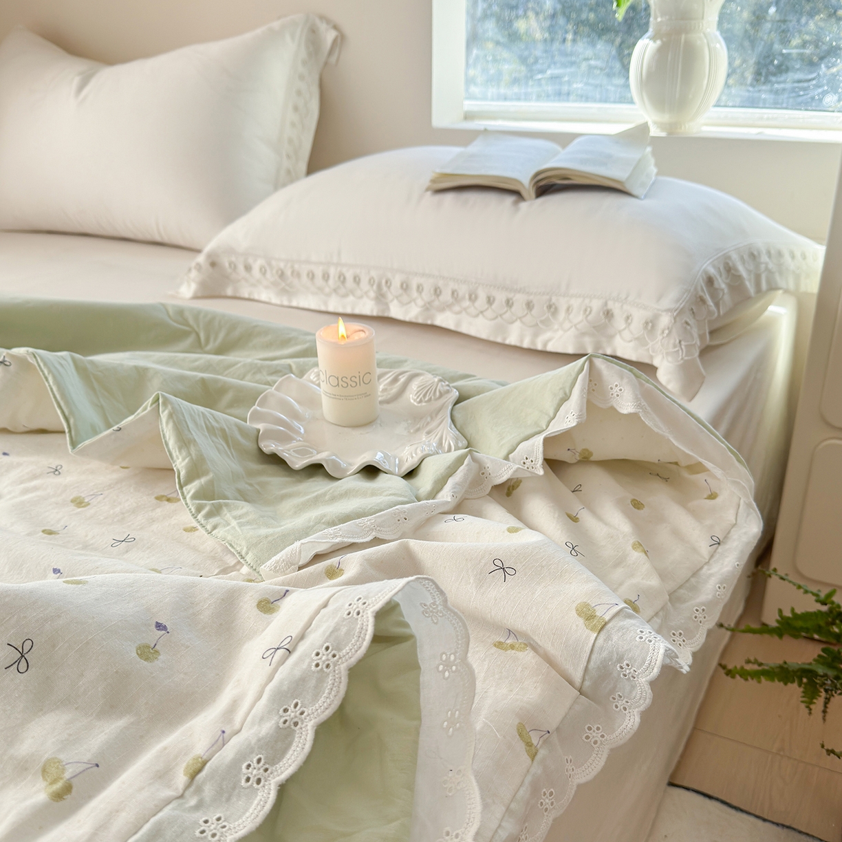 91家纺网 家纺一手货源 找家纺 摩时 2026春夏新款全棉棉麻夏被空调被单双人被子棉花被 樱桃蝴蝶结