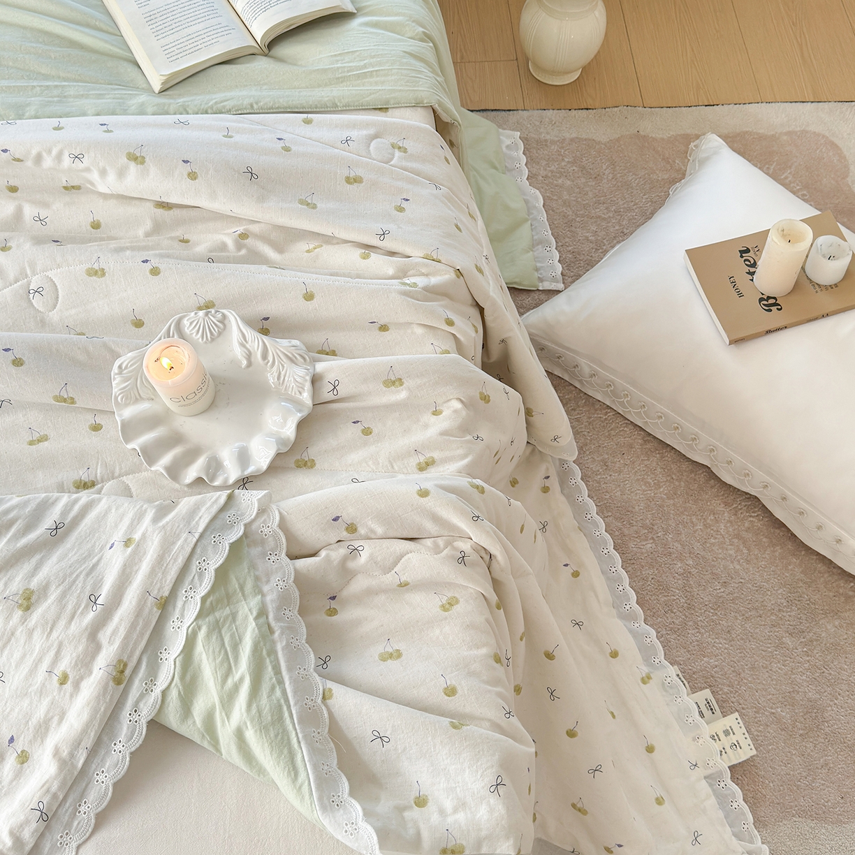 91家纺网 家纺一手货源 找家纺 摩时 2026春夏新款全棉棉麻夏被空调被单双人被子棉花被 樱桃蝴蝶结