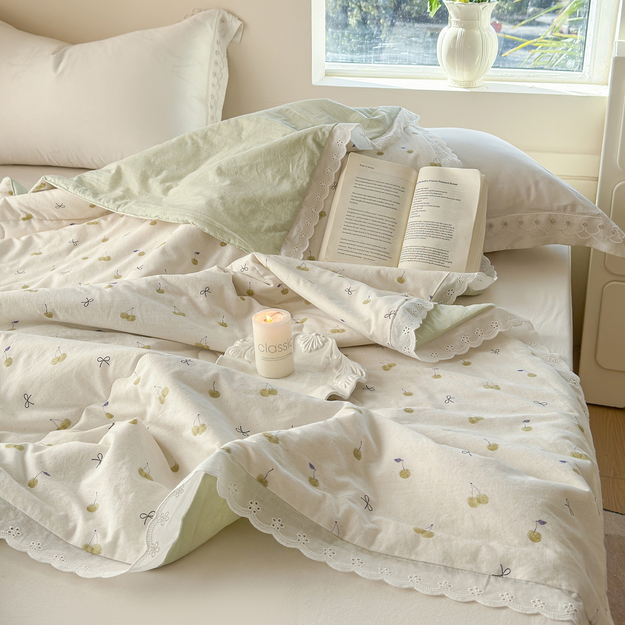 91家纺网 家纺一手货源 找家纺 摩时 2026春夏新款全棉棉麻夏被空调被单双人被子棉花被 樱桃蝴蝶结