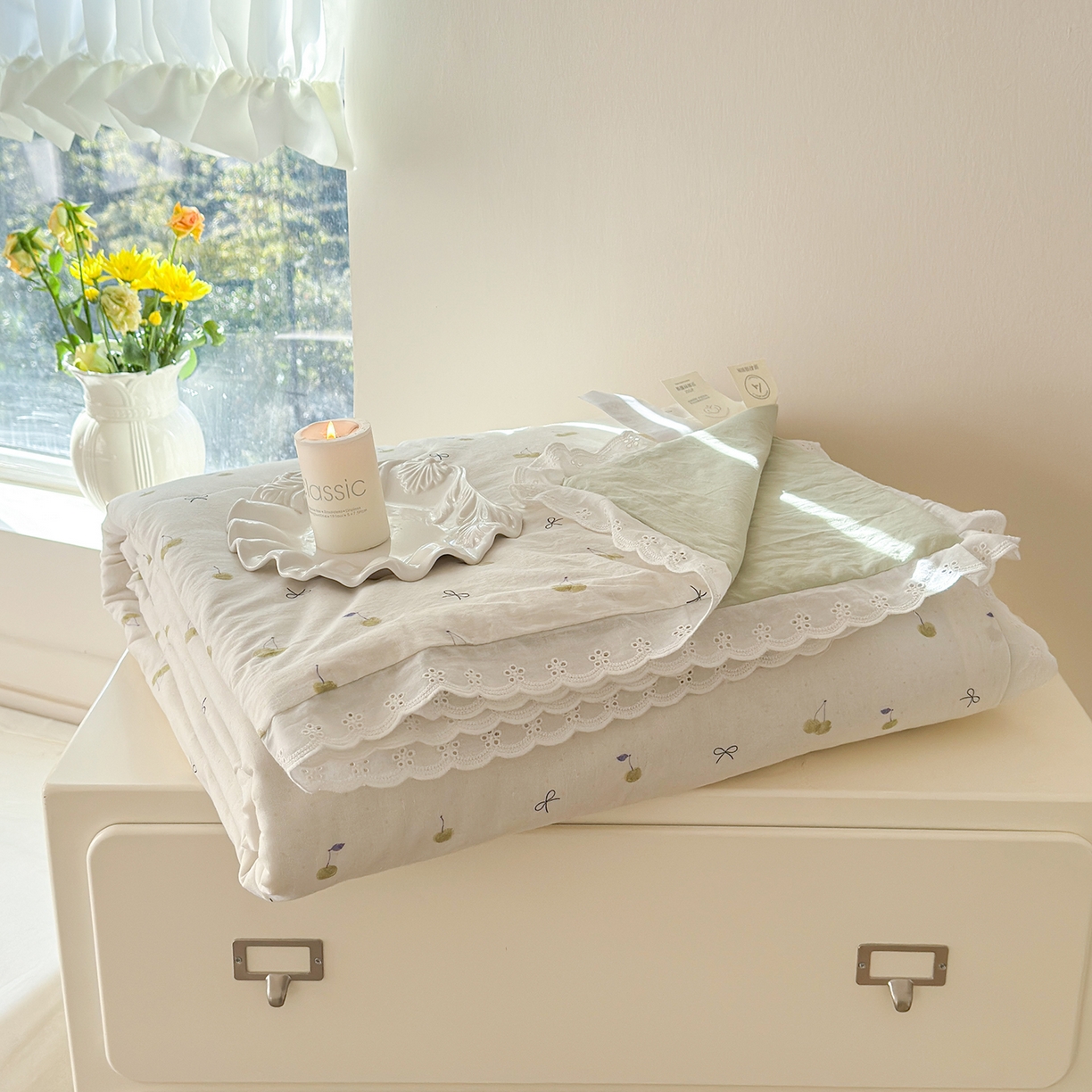 91家纺网 家纺一手货源 找家纺 摩时 2026春夏新款全棉棉麻夏被空调被单双人被子棉花被 樱桃蝴蝶结