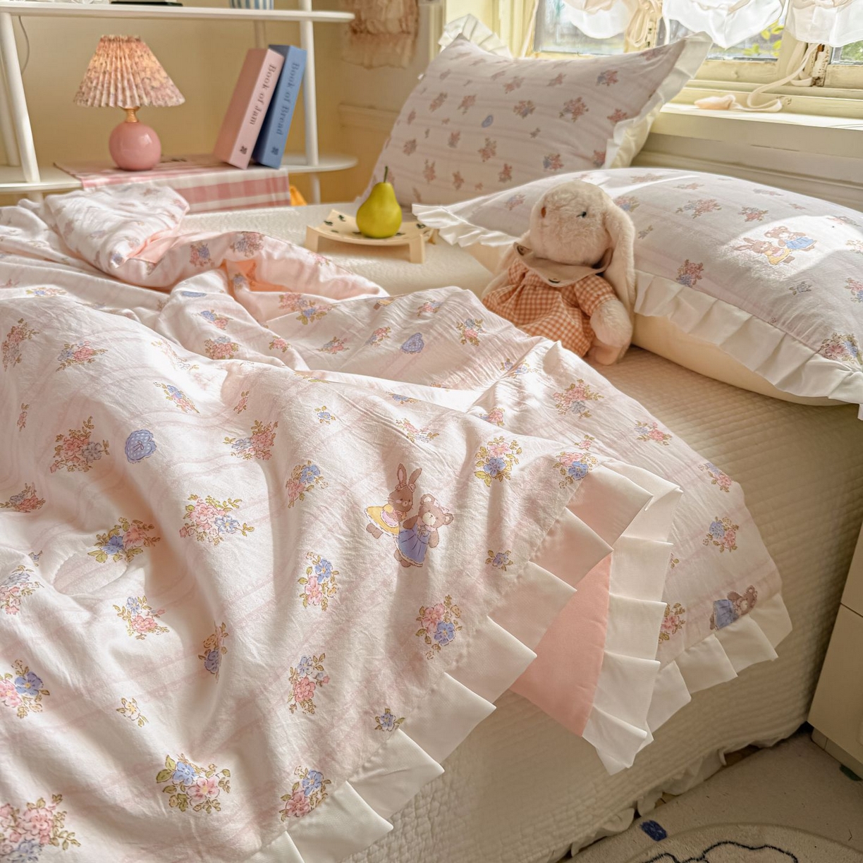 91家纺网 家纺一手货源 找家纺 孑寐家纺 2026新款韩版水洗棉花边夏被被子被芯 萌主花园