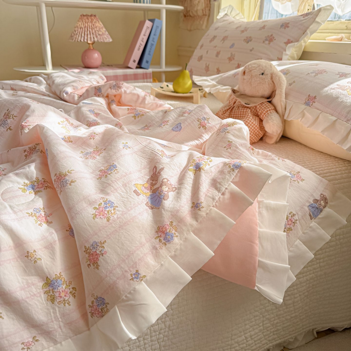 91家纺网 家纺一手货源 找家纺 孑寐家纺 2026新款韩版水洗棉花边夏被被子被芯 萌主花园