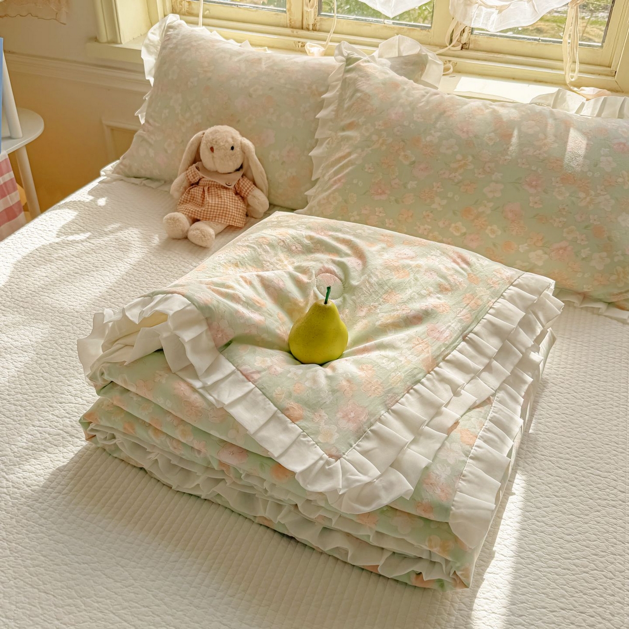 91家纺网 家纺一手货源 找家纺 孑寐家纺 2026新款韩版水洗棉花边夏被被子被芯 薄荷奶绿