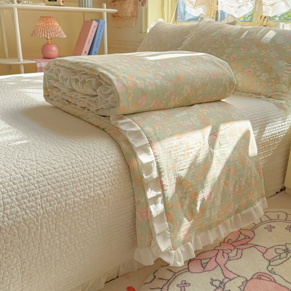 孑寐家纺 2026新款韩版水洗棉花边夏被被子被芯 薄荷奶绿