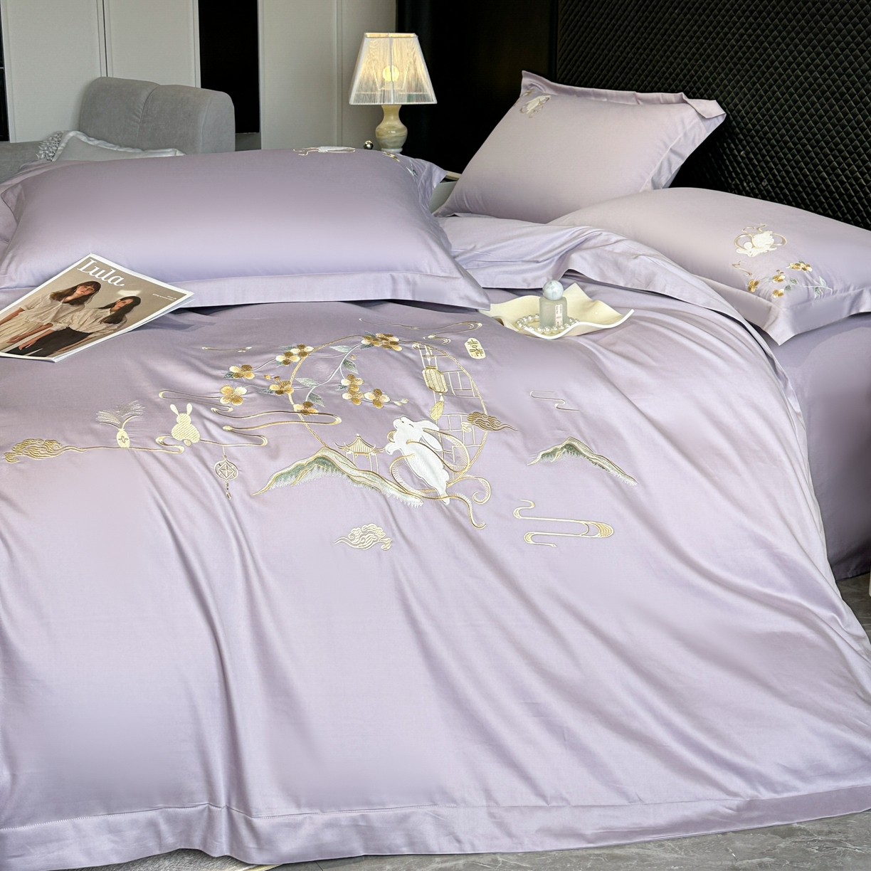 91家纺网 家纺一手货源 找家纺 绒掌柜家纺（品质焕新） 2026新品100S长绒棉精密贴布刺绣四件套-月夕花朝系列-版权产品-礼盒装 香芋紫