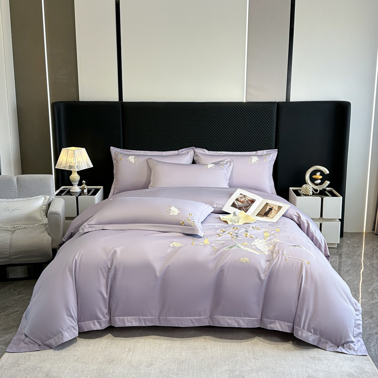 91家纺网 家纺一手货源 找家纺 绒掌柜家纺（品质焕新） 2026新品100S长绒棉精密贴布刺绣四件套-月夕花朝系列-版权产品-礼盒装 香芋紫