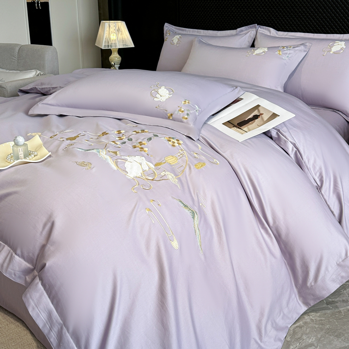 绒掌柜家纺（品质焕新） 2026新品100S长绒棉精密贴布刺绣四件套-月夕花朝系列-版权产品-礼盒装 香芋紫