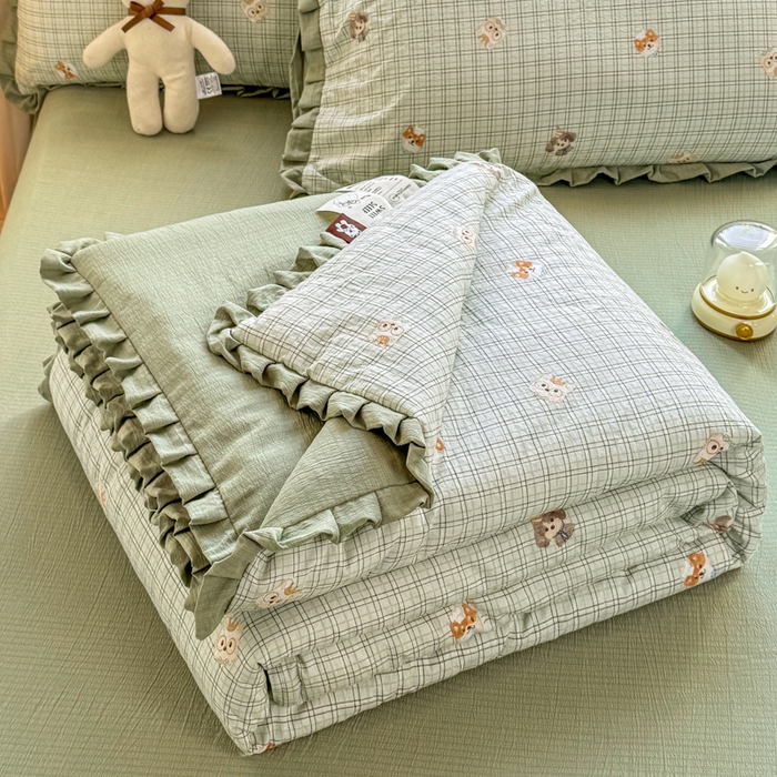 91家纺网 家纺一手货源 找家纺 丽美人家纺 2026新款皱皱纱花边夏被被夏凉被空调被 HB格仔萌宠