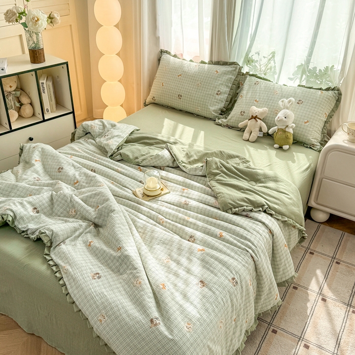 91家纺网 家纺一手货源 找家纺 丽美人家纺 2026新款皱皱纱花边夏被被夏凉被空调被 HB格仔萌宠