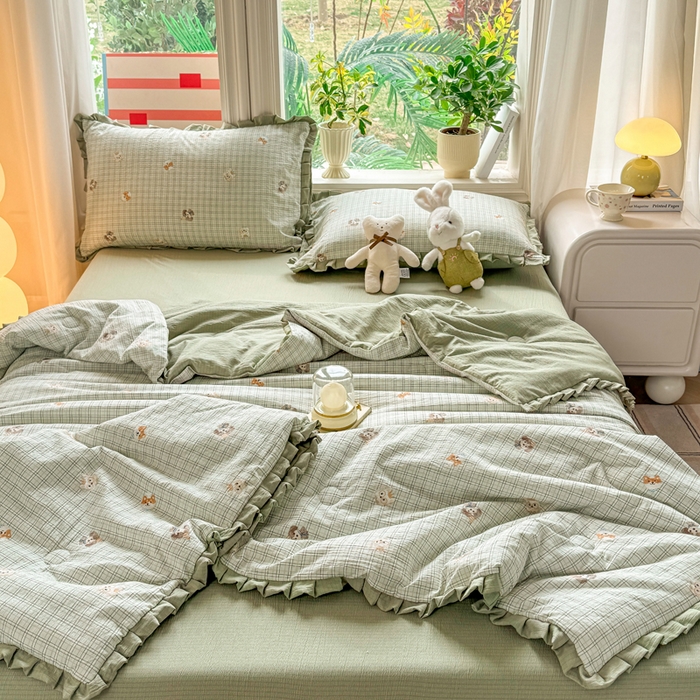 91家纺网 家纺一手货源 找家纺 丽美人家纺 2026新款皱皱纱花边夏被被夏凉被空调被 HB格仔萌宠