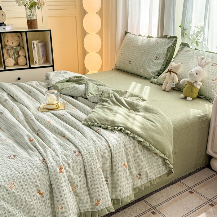 91家纺网 家纺一手货源 找家纺 丽美人家纺 2026新款皱皱纱花边夏被被夏凉被空调被 HB格仔萌宠