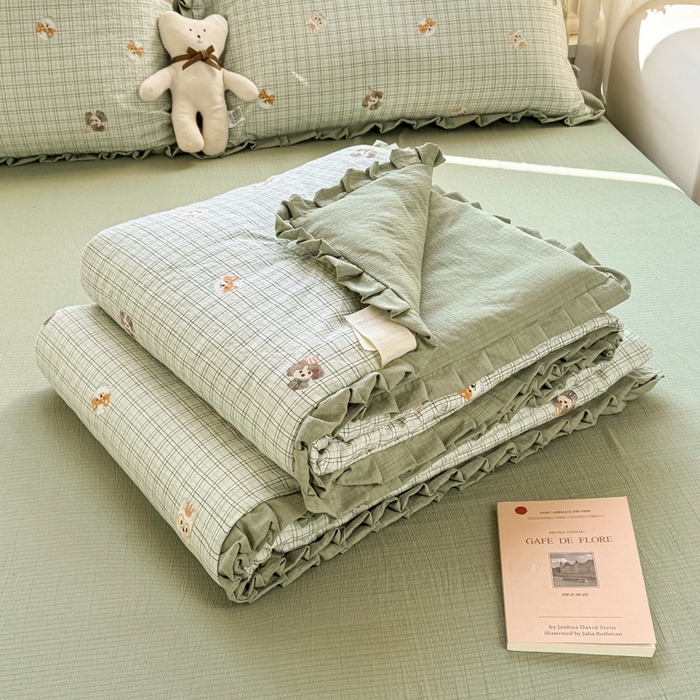 91家纺网 家纺一手货源 找家纺 丽美人家纺 2026新款皱皱纱花边夏被被夏凉被空调被 HB格仔萌宠