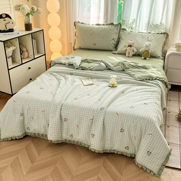 91家纺网 家纺一手货源 找家纺 丽美人家纺 2026新款皱皱纱花边夏被被夏凉被空调被 HB格仔萌宠