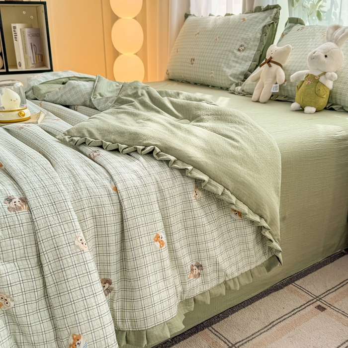 91家纺网 家纺一手货源 找家纺 丽美人家纺 2026新款皱皱纱花边夏被被夏凉被空调被 HB格仔萌宠