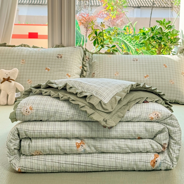 91家纺网 家纺一手货源 找家纺 丽美人家纺 2026新款皱皱纱花边夏被被夏凉被空调被 HB格仔萌宠