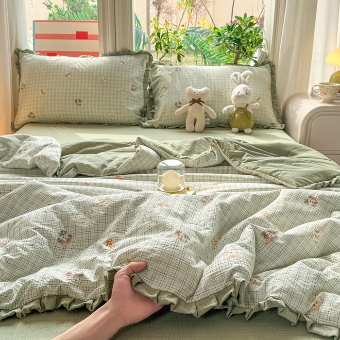 91家纺网 家纺一手货源 找家纺 丽美人家纺 2026新款皱皱纱花边夏被被夏凉被空调被 HB格仔萌宠