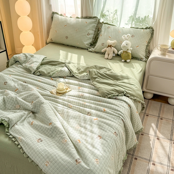 91家纺网 家纺一手货源 找家纺 丽美人家纺 2026新款皱皱纱花边夏被被夏凉被空调被 HB格仔萌宠