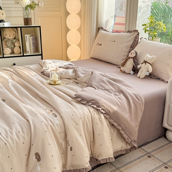 91家纺网 家纺一手货源 找家纺 丽美人家纺 2026新款皱皱纱花边夏被被夏凉被空调被 HB爱心小狗