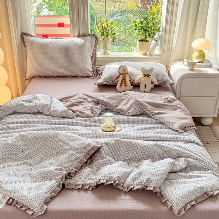 91家纺网 家纺一手货源 找家纺 丽美人家纺 2026新款皱皱纱花边夏被被夏凉被空调被 HB柔格小狗