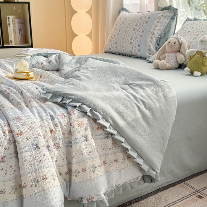 91家纺网 家纺一手货源 找家纺 丽美人家纺 2026新款皱皱纱花边夏被被夏凉被空调被 HB花漫蝴蝶