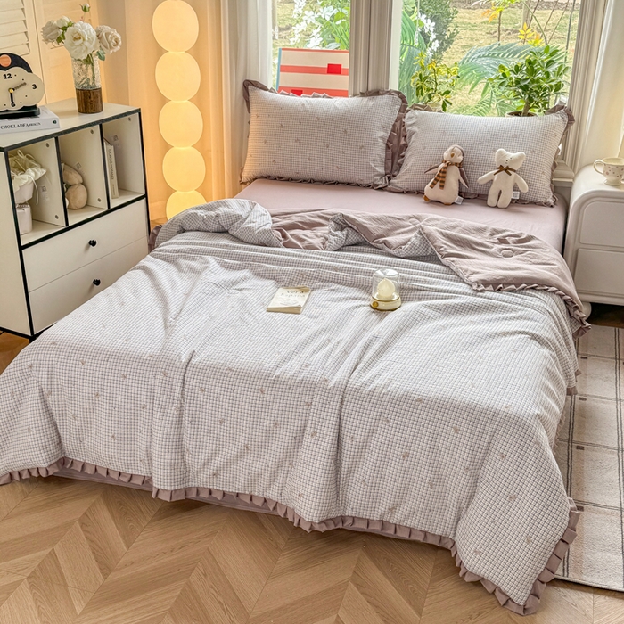 91家纺网 家纺一手货源 找家纺 丽美人家纺 2026新款皱皱纱花边夏被被夏凉被空调被 HB柔格小狗