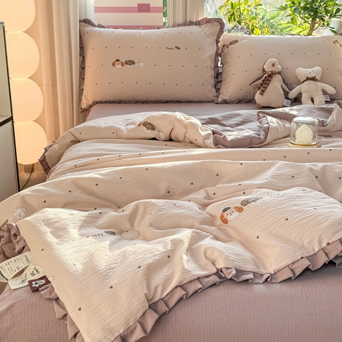 91家纺网 家纺一手货源 找家纺 丽美人家纺 2026新款皱皱纱花边夏被被夏凉被空调被 HB爱心小狗