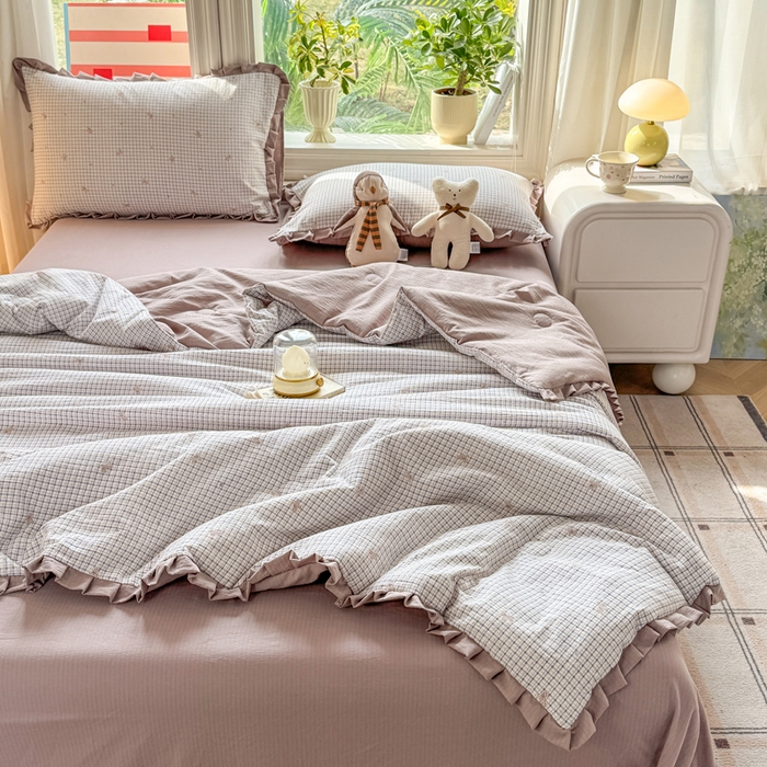 91家纺网 家纺一手货源 找家纺 丽美人家纺 2026新款皱皱纱花边夏被被夏凉被空调被 HB柔格小狗