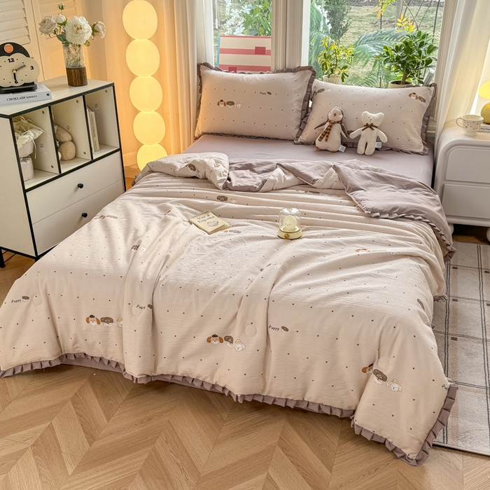 91家纺网 家纺一手货源 找家纺 丽美人家纺 2026新款皱皱纱花边夏被被夏凉被空调被 HB爱心小狗