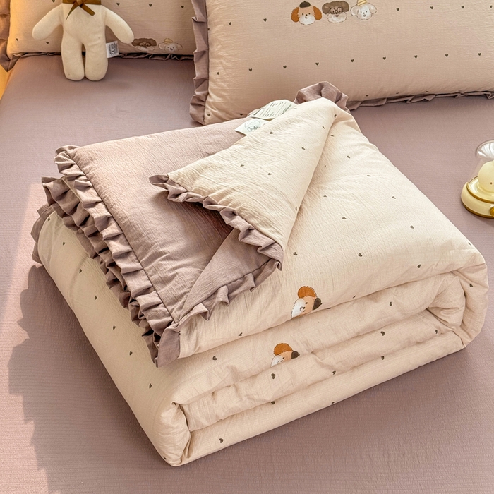 91家纺网 家纺一手货源 找家纺 丽美人家纺 2026新款皱皱纱花边夏被被夏凉被空调被 HB爱心小狗