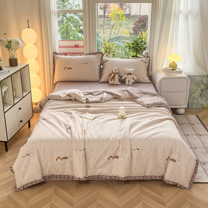 91家纺网 家纺一手货源 找家纺 丽美人家纺 2026新款皱皱纱花边夏被被夏凉被空调被 HB爱心小狗