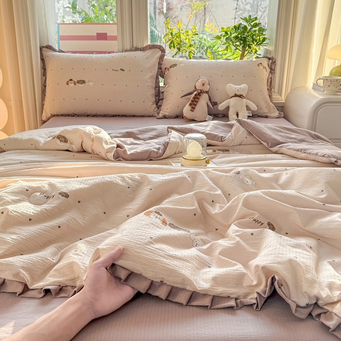 91家纺网 家纺一手货源 找家纺 丽美人家纺 2026新款皱皱纱花边夏被被夏凉被空调被 HB爱心小狗