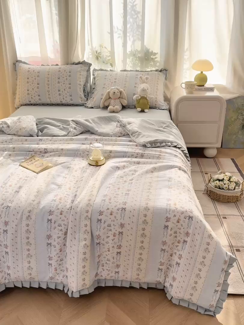 91家纺网 家纺一手货源 找家纺 丽美人家纺 2026新款皱皱纱花边夏被被夏凉被空调被 HB花漫蝴蝶