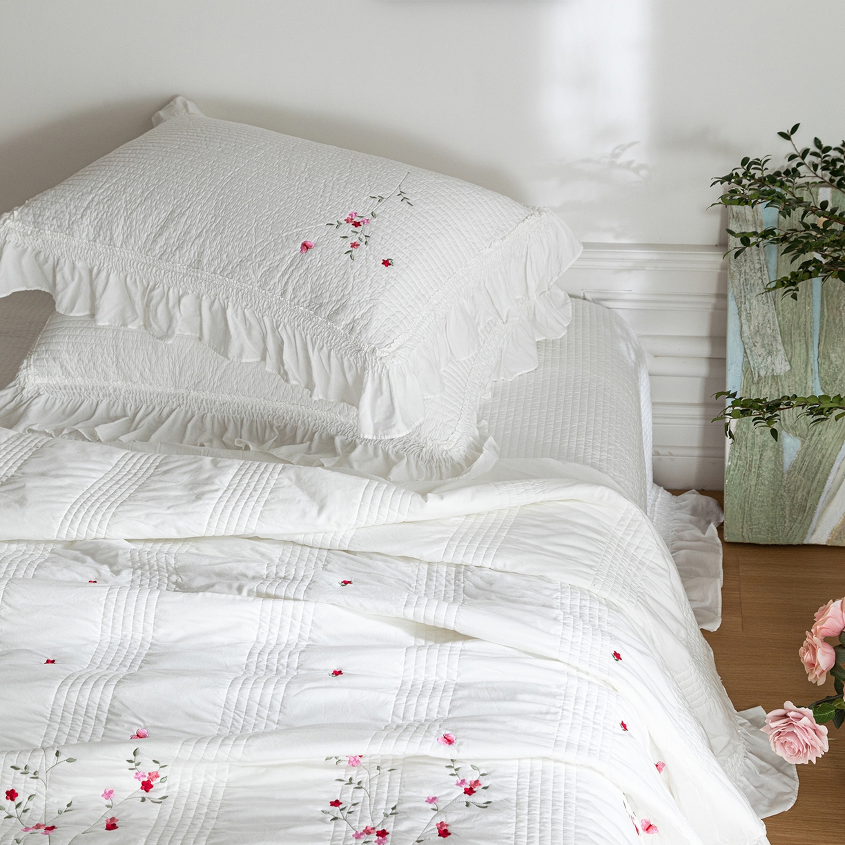 91家纺网 家纺一手货源 找家纺 上喜 2026新款韩国细纱棉床盖三件套多功能夏被四件套 纯白色