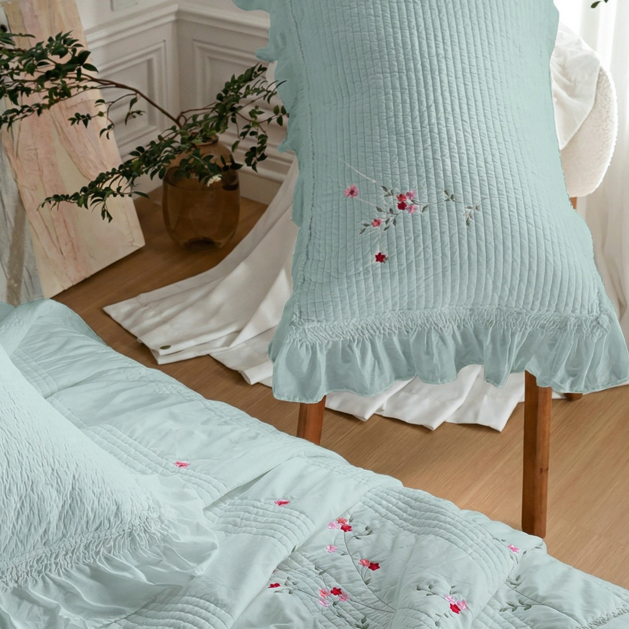 91家纺网 家纺一手货源 找家纺 上喜 2026新款韩国细纱棉床盖三件套多功能夏被四件套 浅蓝色