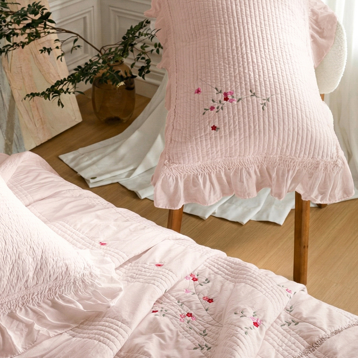 91家纺网 家纺一手货源 找家纺 上喜 2026新款韩国细纱棉床盖三件套多功能夏被四件套 浅粉色