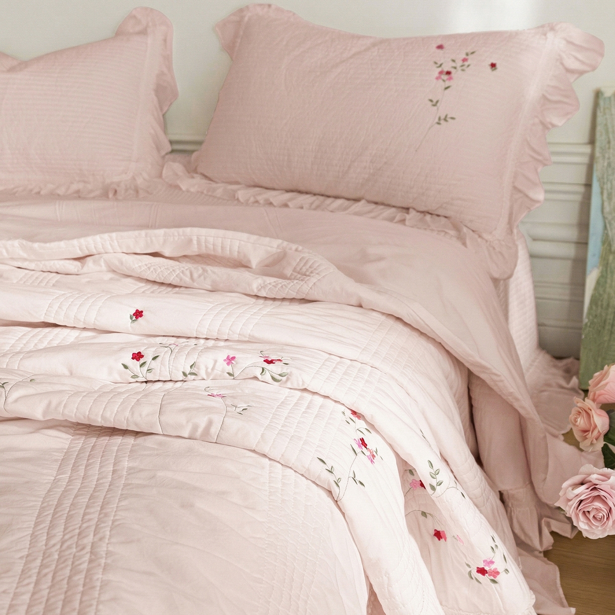 上喜 2026新款韩国细纱棉床盖三件套多功能夏被四件套 浅粉色