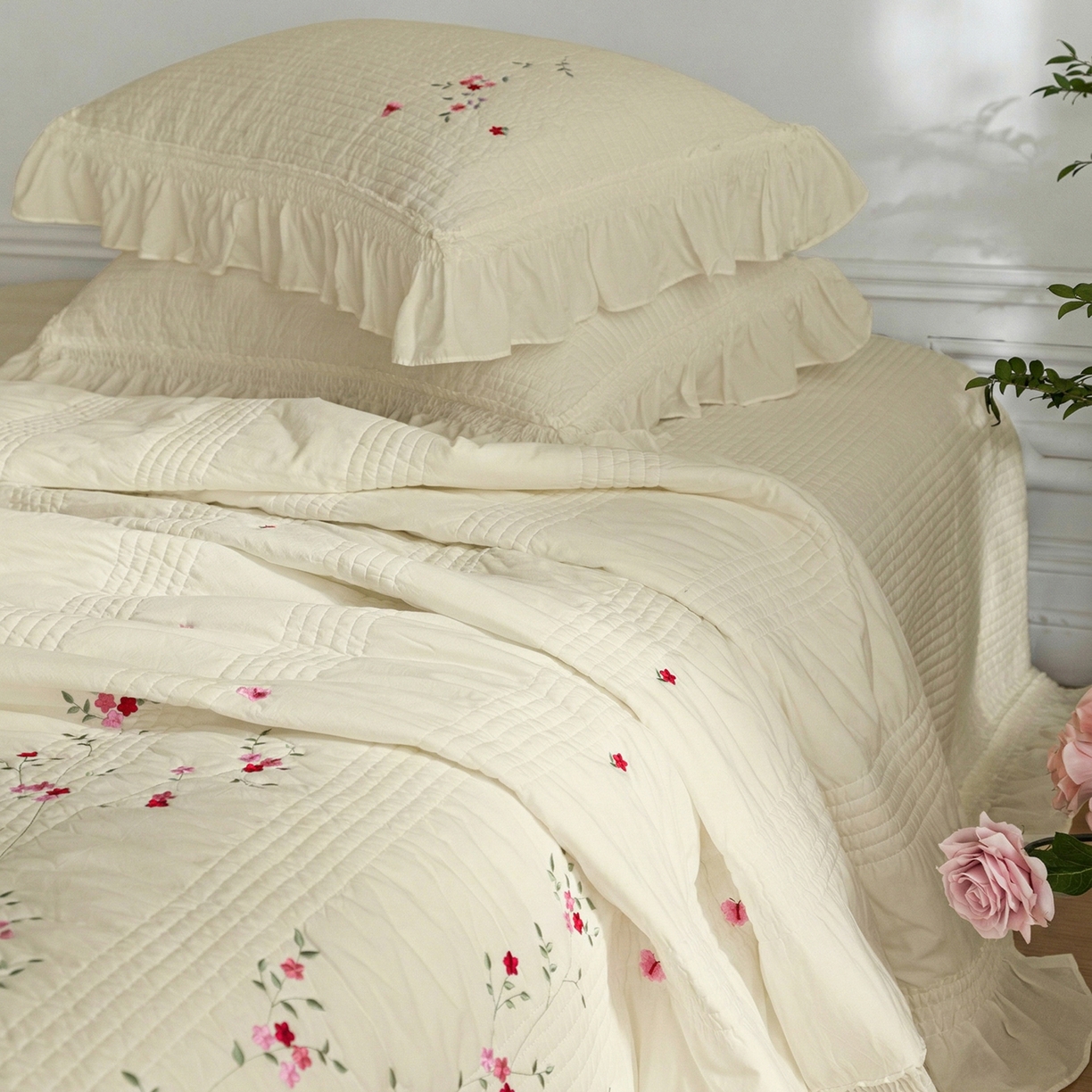 91家纺网 家纺一手货源 找家纺 上喜 2026新款韩国细纱棉床盖三件套多功能夏被四件套 浅黄色