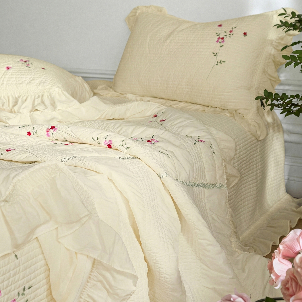 91家纺网 家纺一手货源 找家纺 上喜 2026新款韩国细纱棉床盖三件套多功能夏被四件套 浅黄色