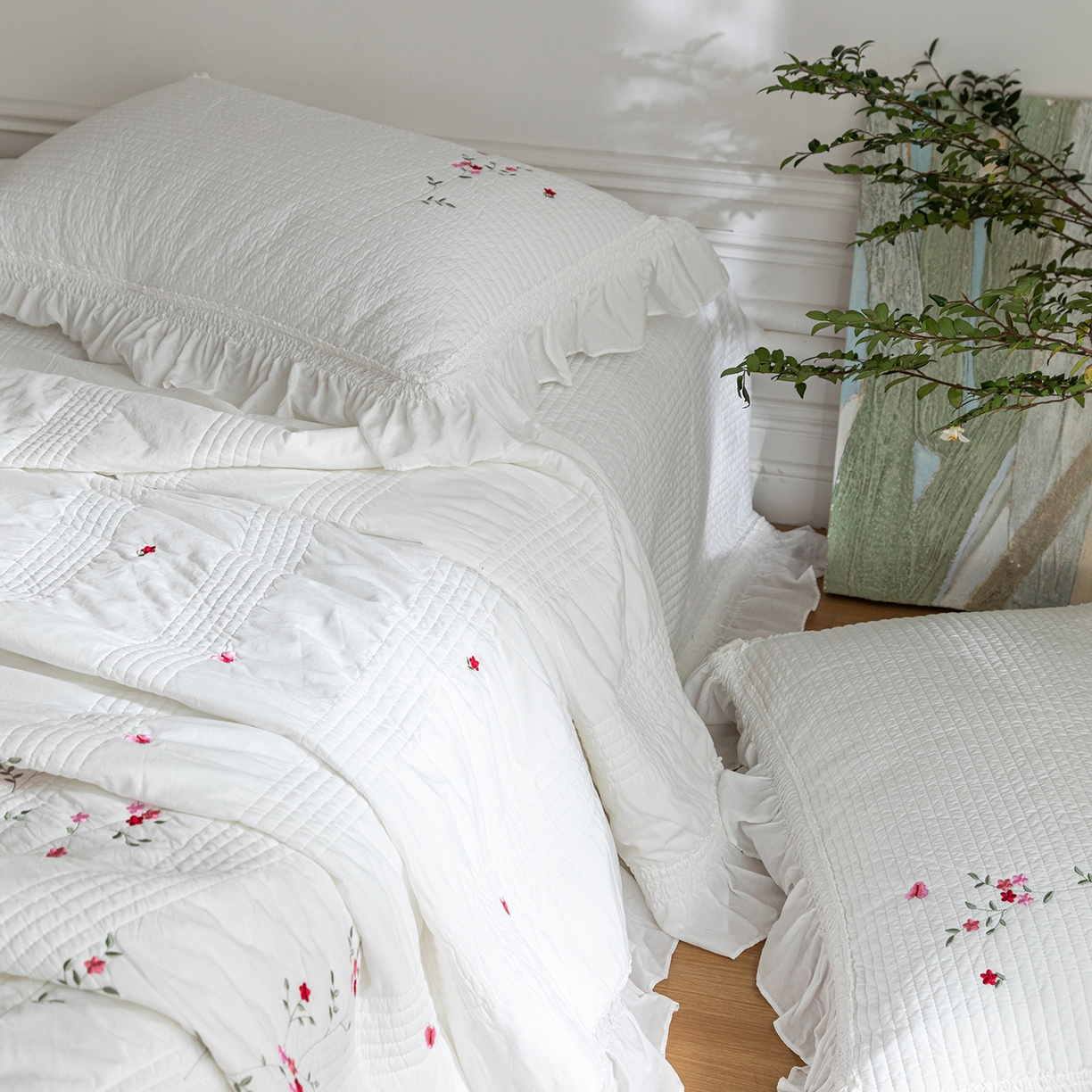 91家纺网 家纺一手货源 找家纺 上喜 2026新款韩国细纱棉床盖三件套多功能夏被四件套 纯白色