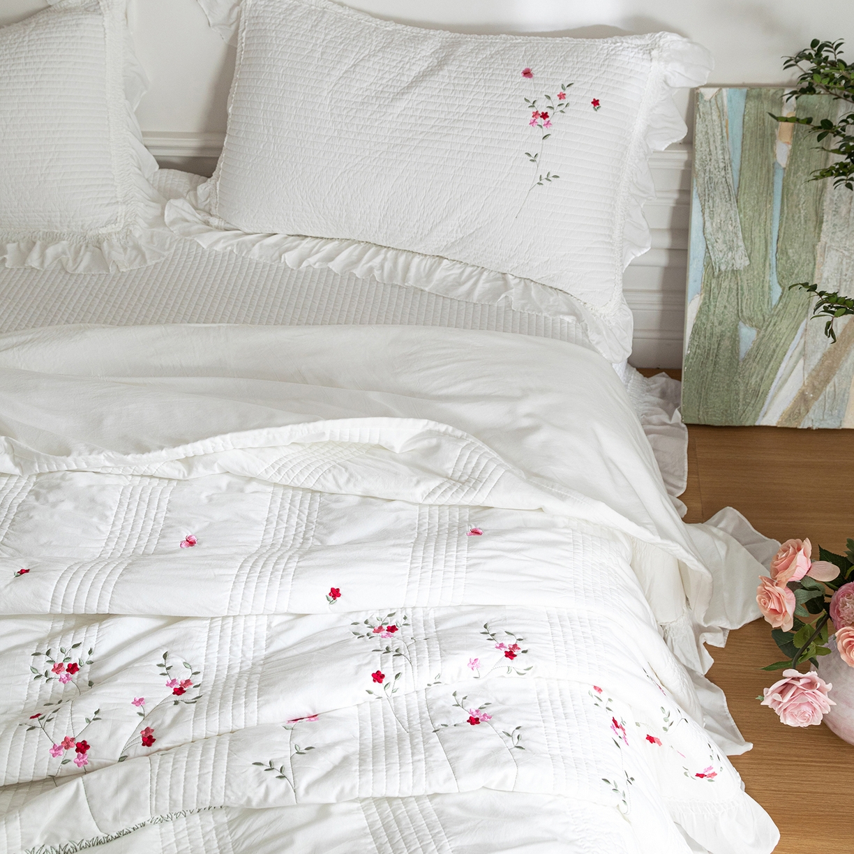 91家纺网 家纺一手货源 找家纺 上喜 2026新款韩国细纱棉床盖三件套多功能夏被四件套 纯白色