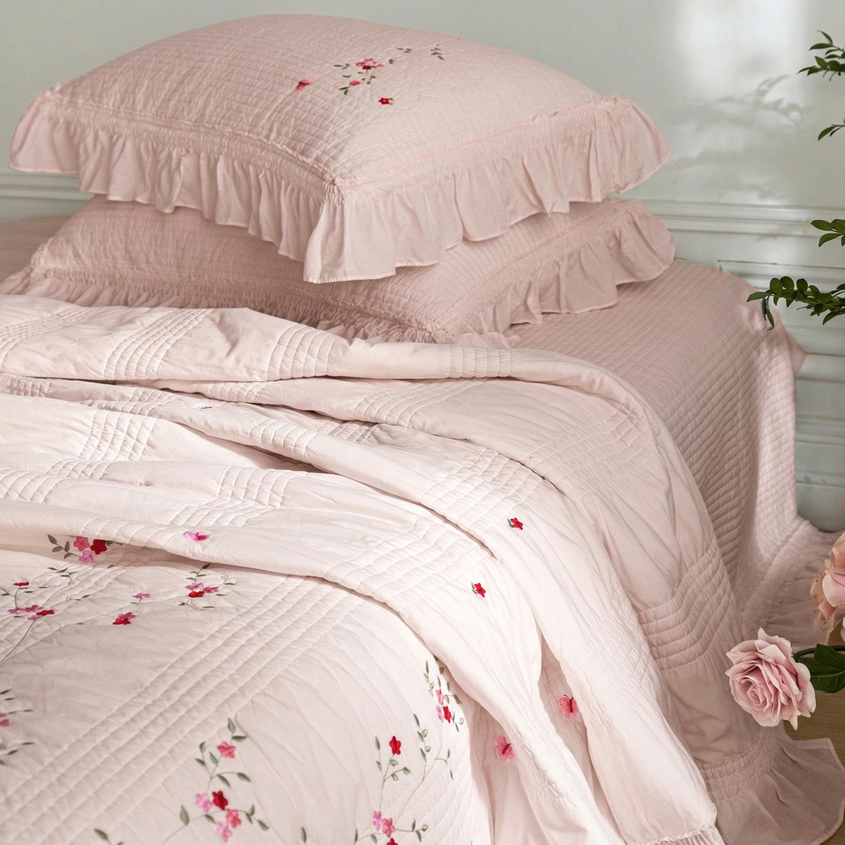 91家纺网 家纺一手货源 找家纺 上喜 2026新款韩国细纱棉床盖三件套多功能夏被四件套 浅粉色