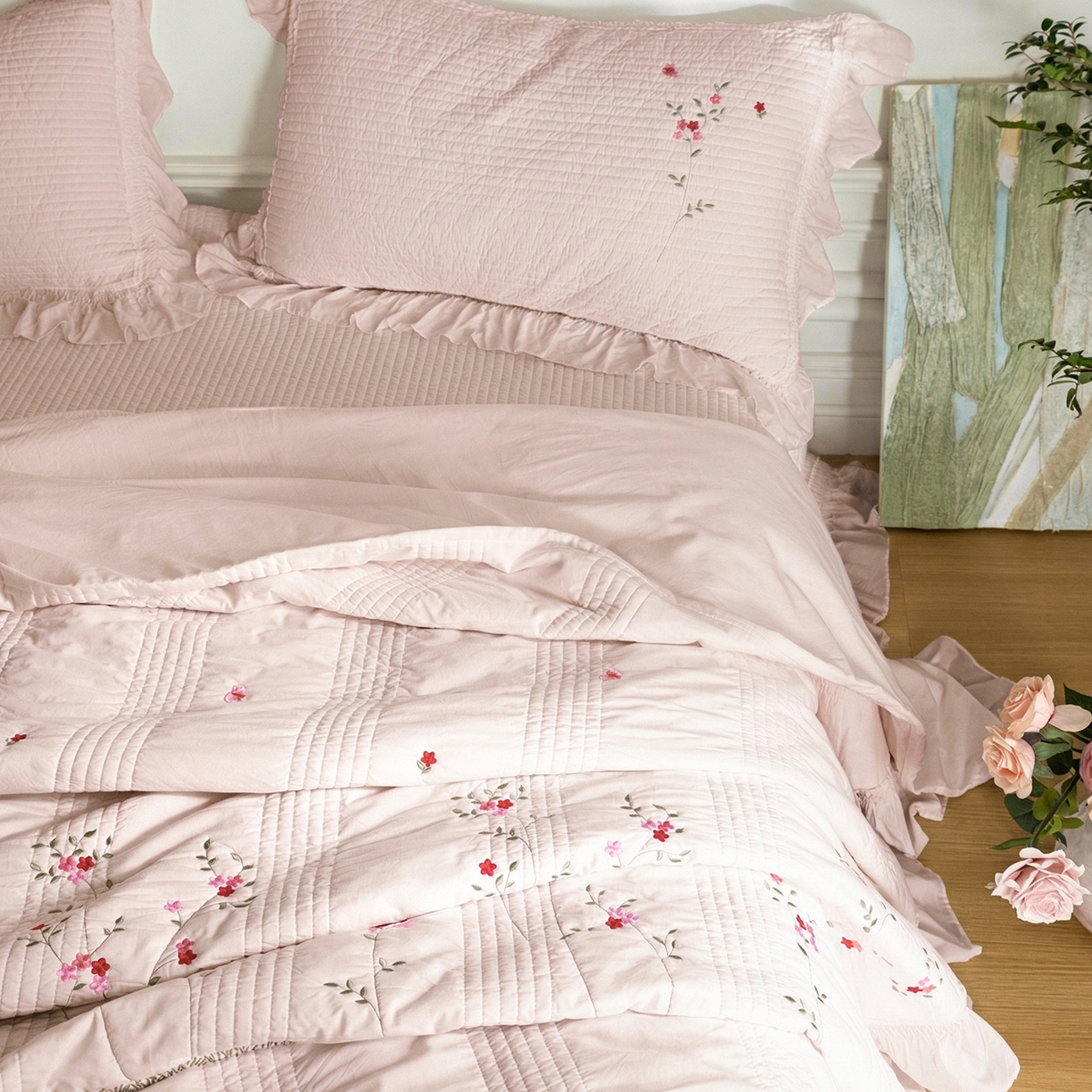 91家纺网 家纺一手货源 找家纺 上喜 2026新款韩国细纱棉床盖三件套多功能夏被四件套 浅粉色