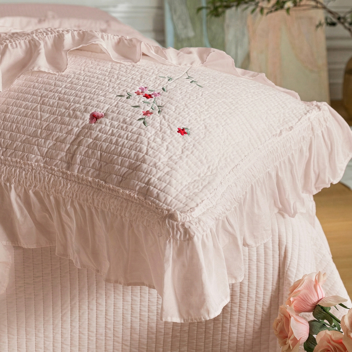 91家纺网 家纺一手货源 找家纺 上喜 2026新款韩国细纱棉床盖三件套多功能夏被四件套 浅粉色