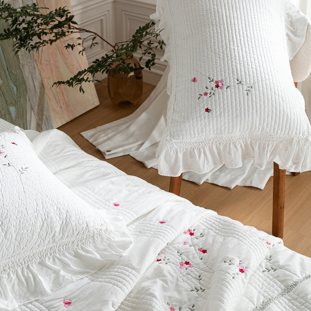 91家纺网 家纺一手货源 找家纺 上喜 2026新款韩国细纱棉床盖三件套多功能夏被四件套 纯白色