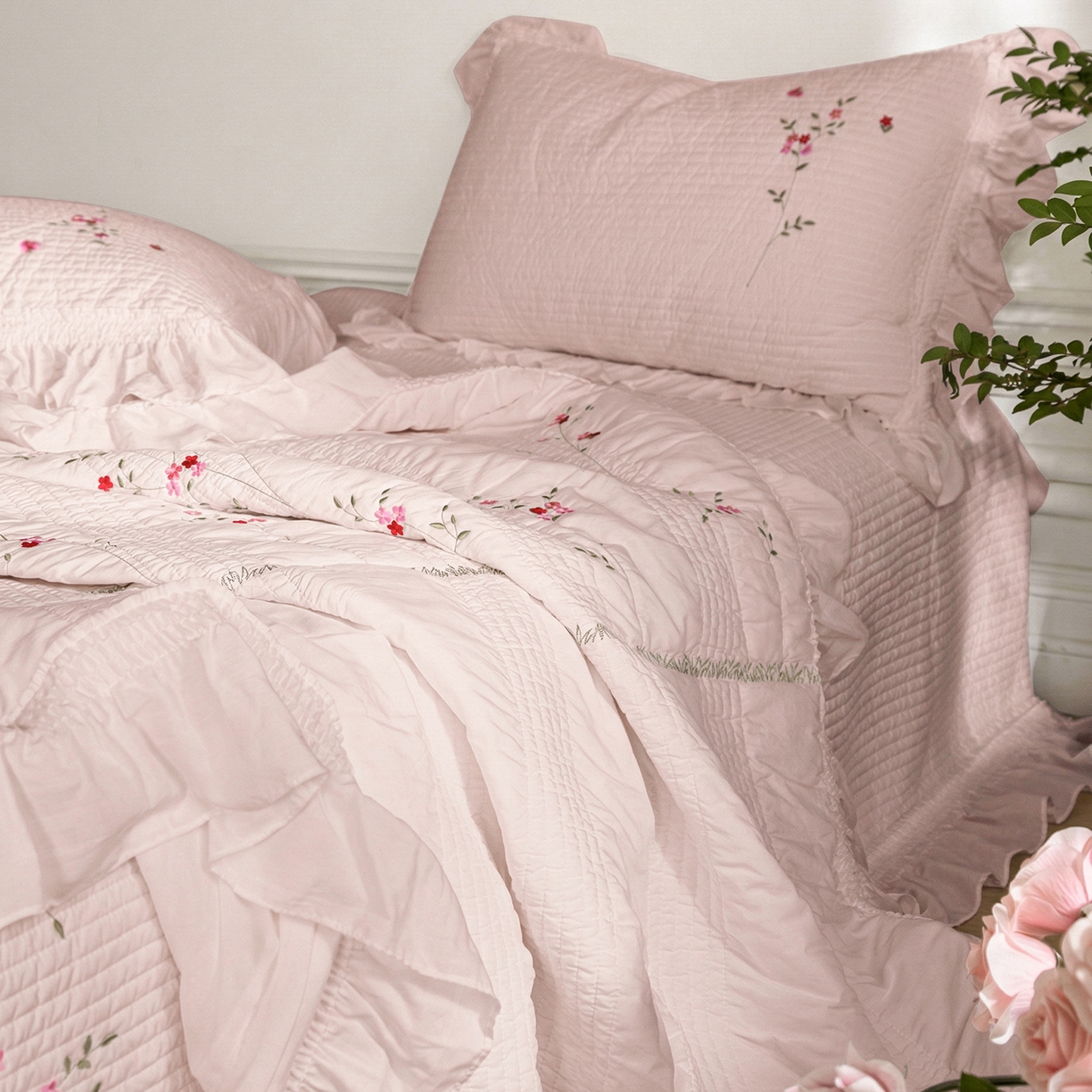 91家纺网 家纺一手货源 找家纺 上喜 2026新款韩国细纱棉床盖三件套多功能夏被四件套 浅粉色