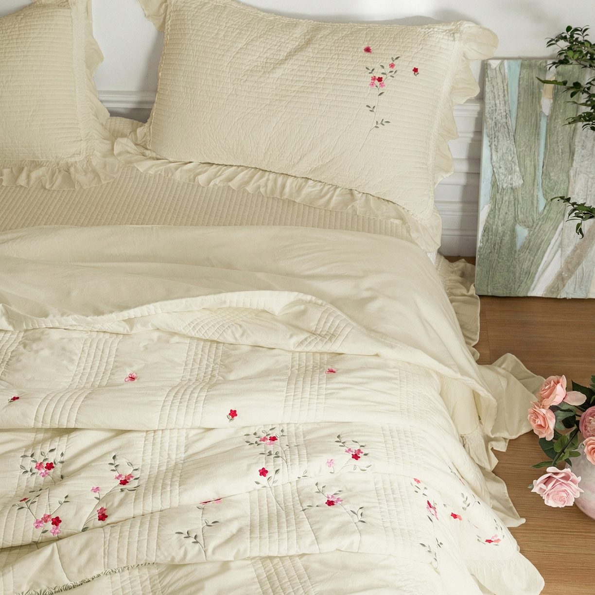 91家纺网 家纺一手货源 找家纺 上喜 2026新款韩国细纱棉床盖三件套多功能夏被四件套 浅黄色