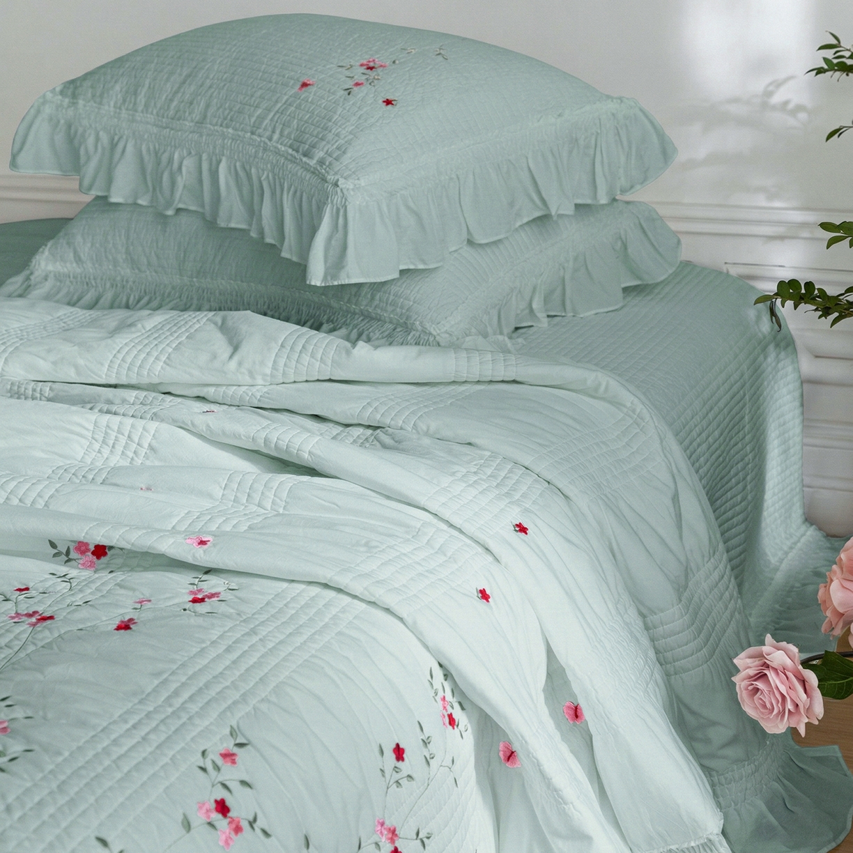 91家纺网 家纺一手货源 找家纺 上喜 2026新款韩国细纱棉床盖三件套多功能夏被四件套 浅蓝色