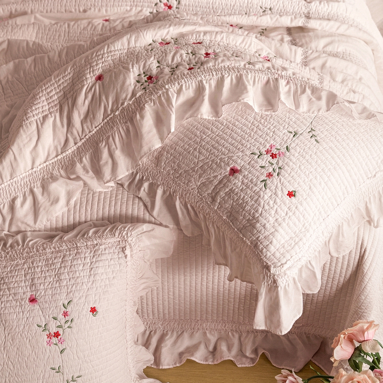 91家纺网 家纺一手货源 找家纺 上喜 2026新款韩国细纱棉床盖三件套多功能夏被四件套 浅粉色