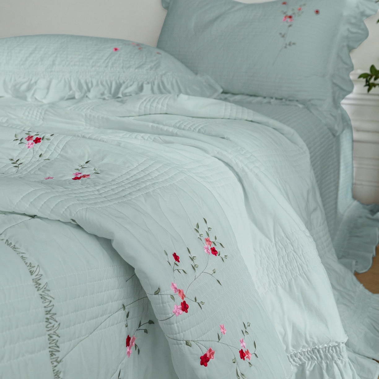 91家纺网 家纺一手货源 找家纺 上喜 2026新款韩国细纱棉床盖三件套多功能夏被四件套 浅蓝色