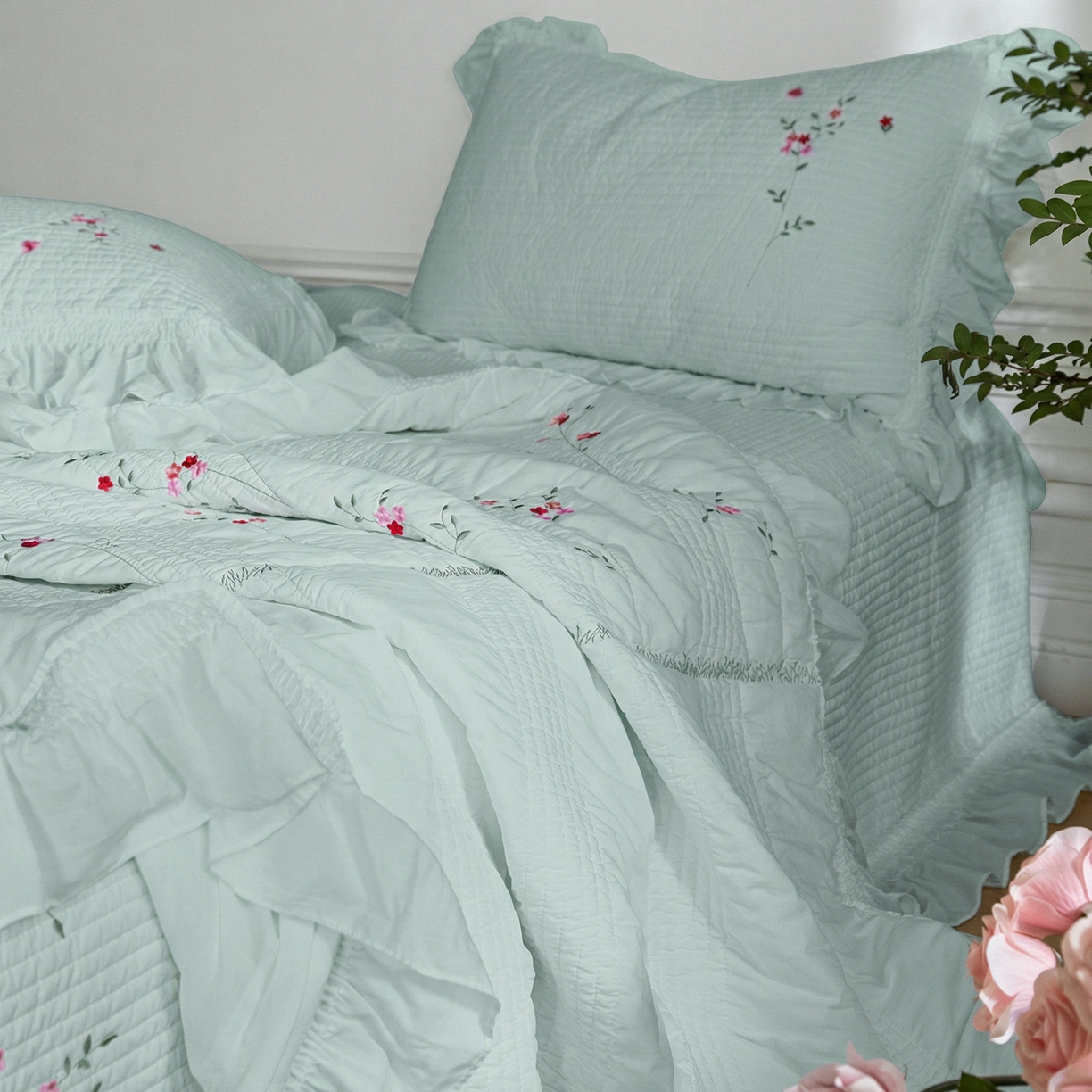 91家纺网 家纺一手货源 找家纺 上喜 2026新款韩国细纱棉床盖三件套多功能夏被四件套 浅蓝色